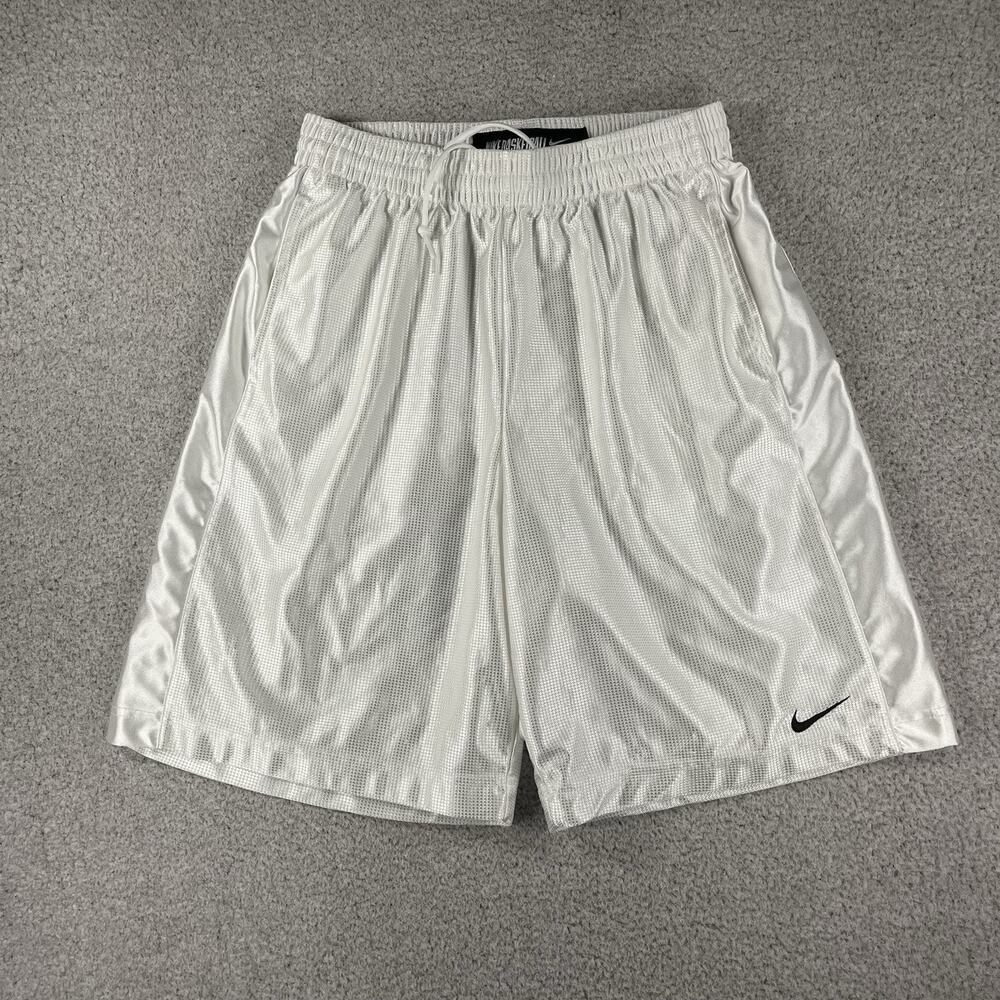 Vintage Nike Shorts Mens L White Dazzle Shiny Silky Basketball Y2K Drawstring